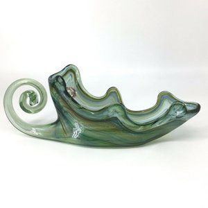 Vintage Mid-Century Hand Blown Sooner Art Glass Green Blue Cornucopia Vase Label
